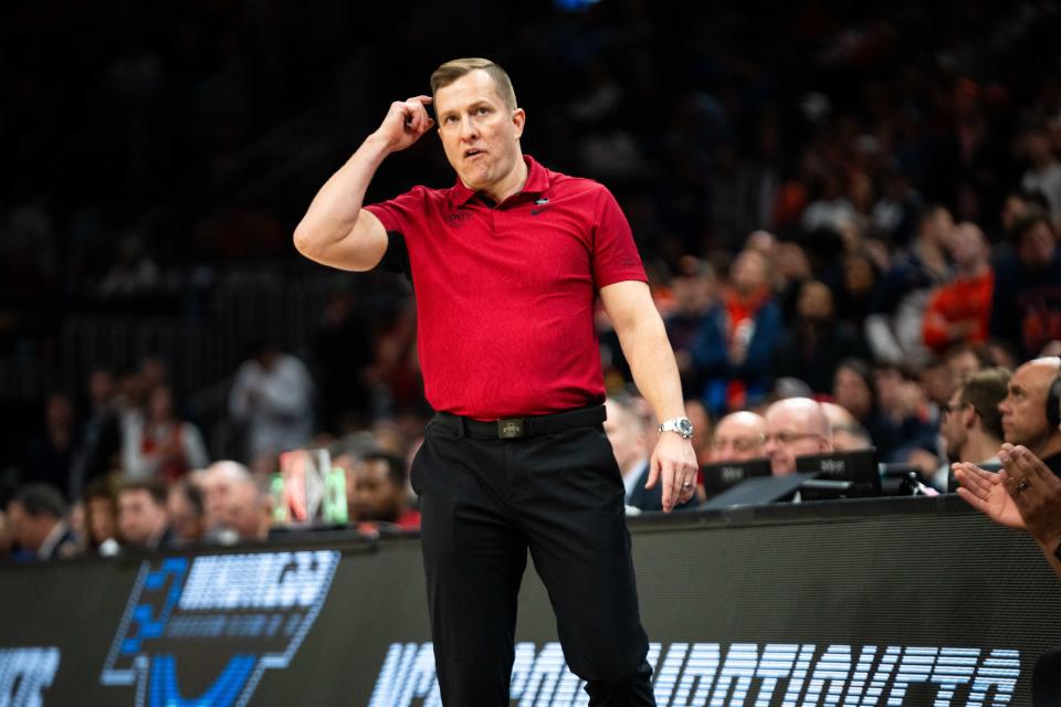 Iowa State head coach T.J. Otzelberger scratches his head as time winds down in the second half of the Sweet 16 Thursday, March 28, 2204, at TD Garden in Boston, Mass.