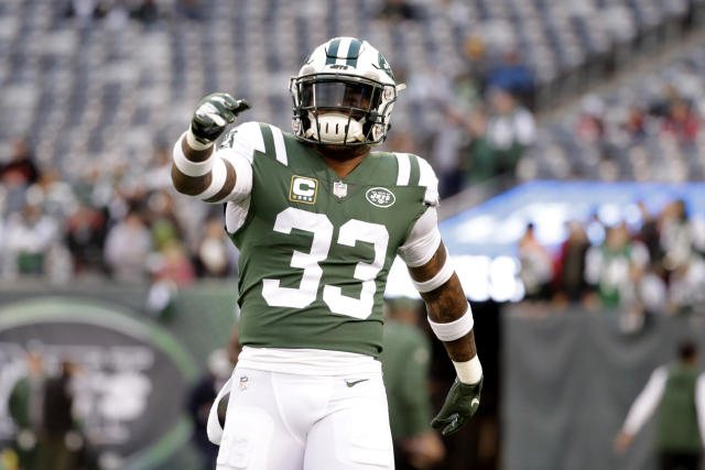 New York Jets safety Jamal Adams (33) celebrates with teammates after  intercepting a pass during the first half of a preseason NFL football game  against the New York Giants Saturday, Aug. 26