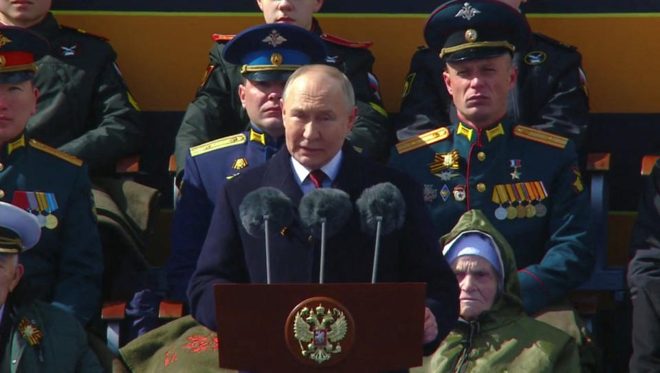 俄羅斯總統普丁9日在勝利日紀念二戰勝利79周年閱兵典禮發表演說。（Kremlin.ru/路透社）