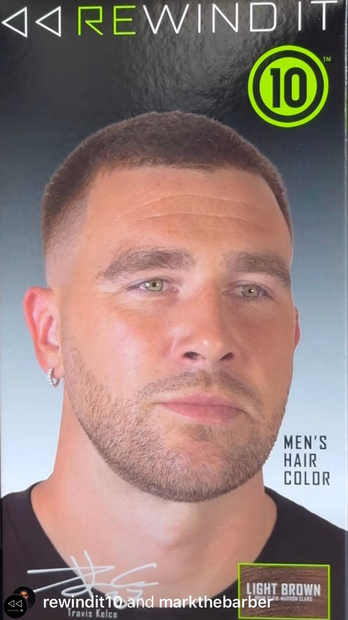 Travis Kelce on a box of Rewind It 10 men’s hair dye. Instagram video screengrab/Rewind It 10