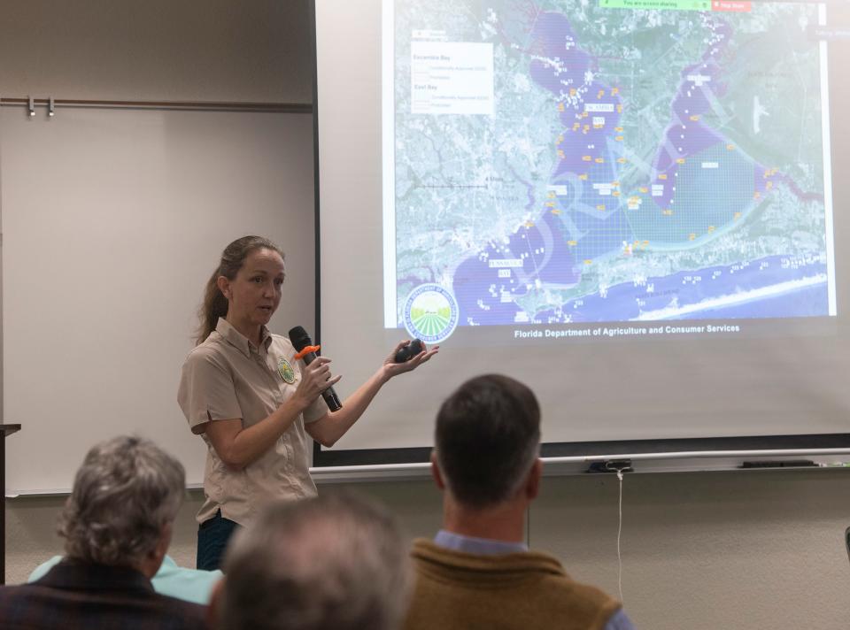 Michelle Smith with the Florida Department of Agricultural and Consumer Service gives an overview of water quality and monitoring in the Pensacola area bay system during an oyster roundtable discussion on Tuesday, Jan. 31, 2023.