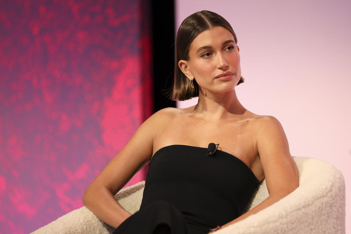 Hailey Bieber turns up the glam in strapless black dress and peep