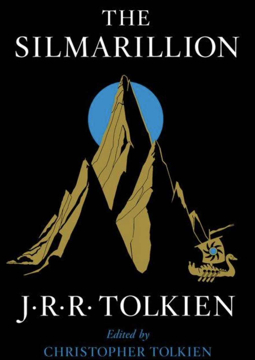 "The Silmarillion" book cover with a mountain and swan boat illustration