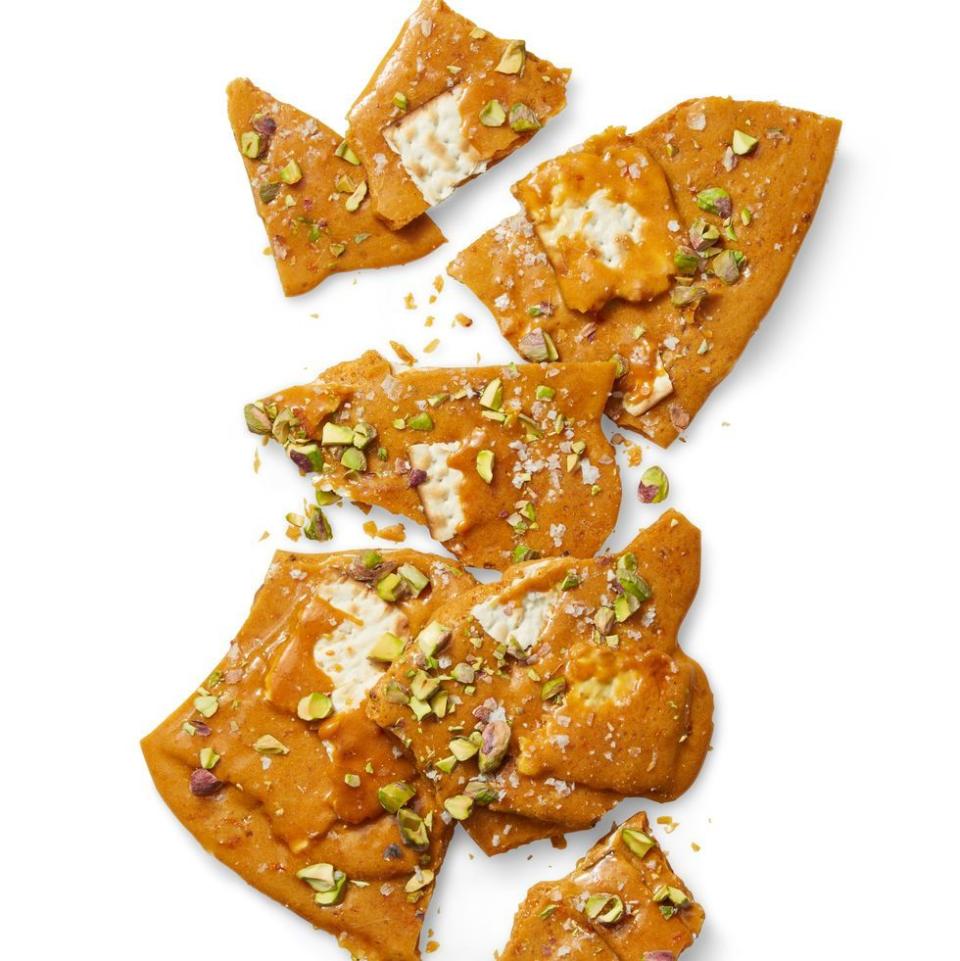 broken up matzo brittle with pistachio on top