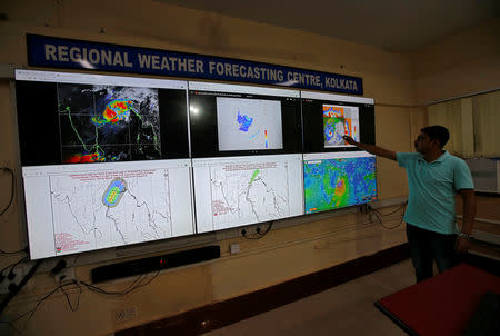 Debapriya Roy, a scientist at India Meteorological Department Earth System Science Organisation, monitors Cyclone Fani inside his office in Kolkata, India, May 3, 2019. REUTERS/Rupak De Chowdhuri
