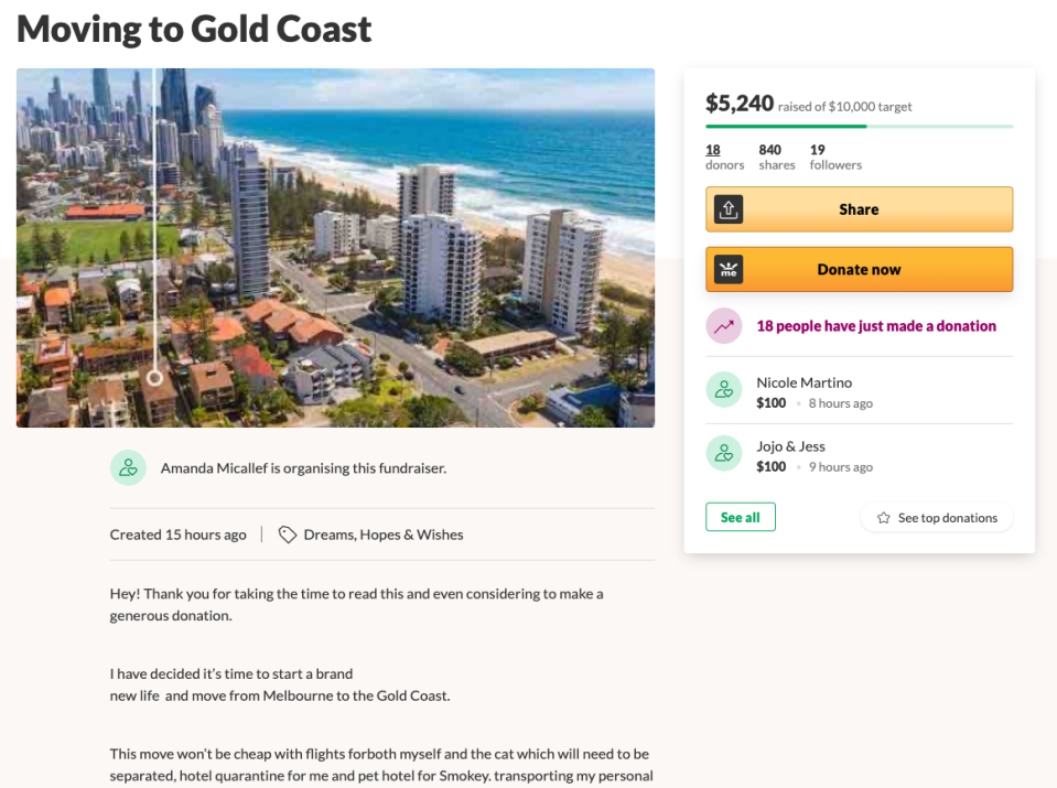 Amanda needs $10k to relocate from Melbourne to the Gold Coast. Photo: GoFundMe.