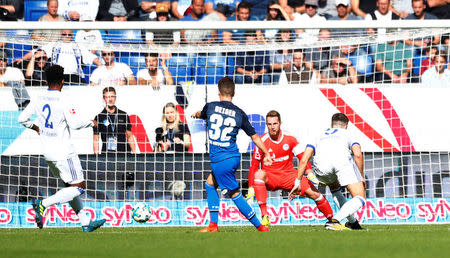 Soccer Football - Bundesliga - TSG 1899 Hoffenheim vs Schalke 04 - Rhein-Neckar-Arena, Hoffenheim, Germany - September 23, 2017 Hoffenheim’s Dennis Geiger scores their first goal REUTERS/Michaela Rehle