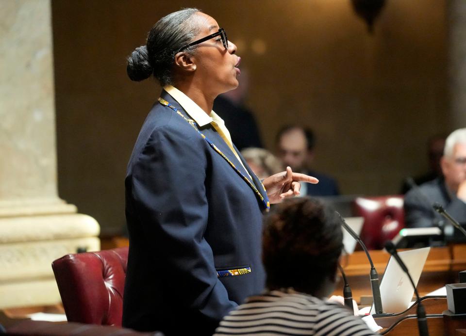 Wisconsin State Senator Lena Taylor, democrat from Milwaukee, from district 4, speaks during the senate session on Wednesday, June 14, 2023 in Madison. One of the main items on the agenda today was the sales tax that  would boost funding for local government.