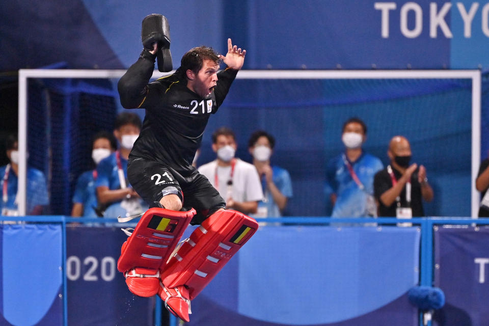 Belgium's goalkeeper Vincent Vanasch celebrates after winning gold medal shootout against Australia.