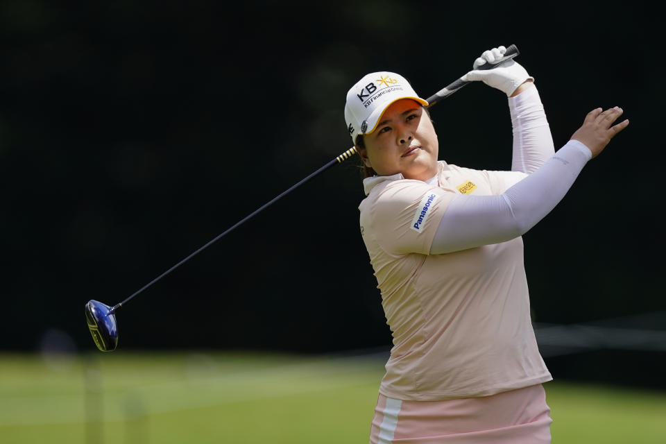 Inbee Park of South Korea tees off on the sixth hole during the third round of play in the KPMG Women's PGA Championship golf tournament Saturday, June 26, 2021, in Johns Creek, Ga. (AP Photo/John Bazemore)