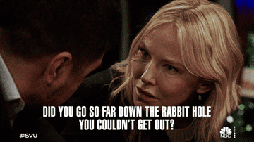 Amanda Rollins saying "did you go so far down the rabbit hole you couldn't get out?"