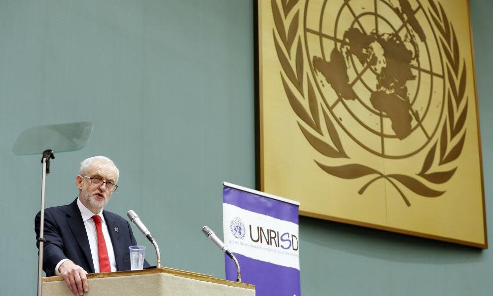 Jeremy Corbyn speaking at the UN in Geneva.