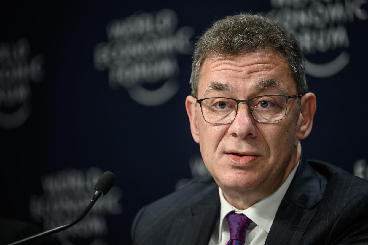 US pharmaceutical giant Pfizer CEO Albert Bourla attends a press conference on the sidelines of the World Economic Forum (WEF) annual meeting in Davos on May 25, 2022. - Pfizer said it would sell its patented drugs at a not-for-profit basis to the world's poorest countries, as part of a new initiative announced at the World Economic Forum in Davos. (Photo by Fabrice COFFRINI / AFP) (Photo by FABRICE COFFRINI/AFP via Getty Images)