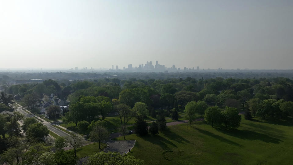 Wildfire smoke hangs over the Minneapolis skyline on Monday, May 13, 2024. Winds pushed a band of heavy smoke south from fires burning in British Columbia, Canada, prompting officials in Minnesota to issue an air quality alert. (AP Photo:/Mark Vancleave)