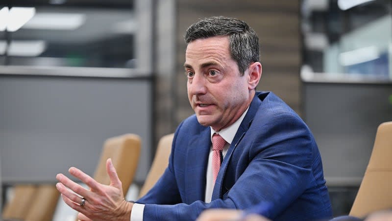 Senate candidate Trent Staggs speaks as he meets with the Deseret News and KSL editorial boards at Triad Center in Salt Lake City on Wednesday, April 3, 2024.