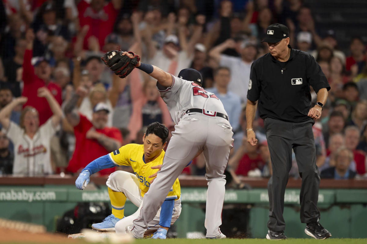 Masataka Yoshida of the Boston Red Sox runs out a ground ball during  News Photo - Getty Images