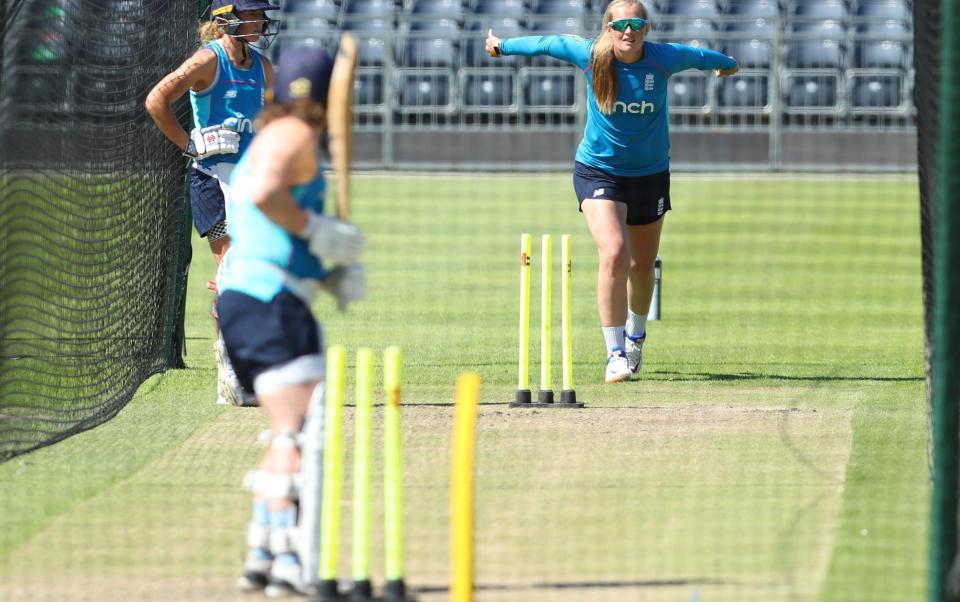 Sophie Ecclestone bowls in the nets - GETTY IMAGES