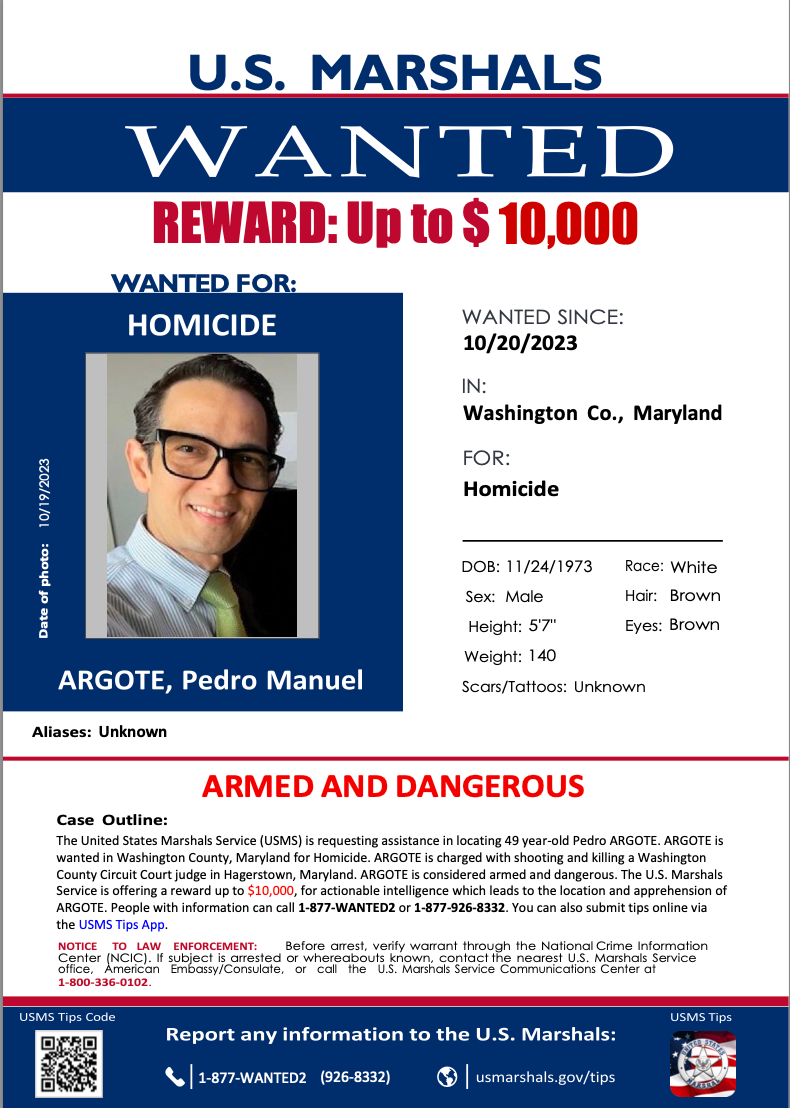 Wanted sign for Pedro Argote (US Marshals Service)