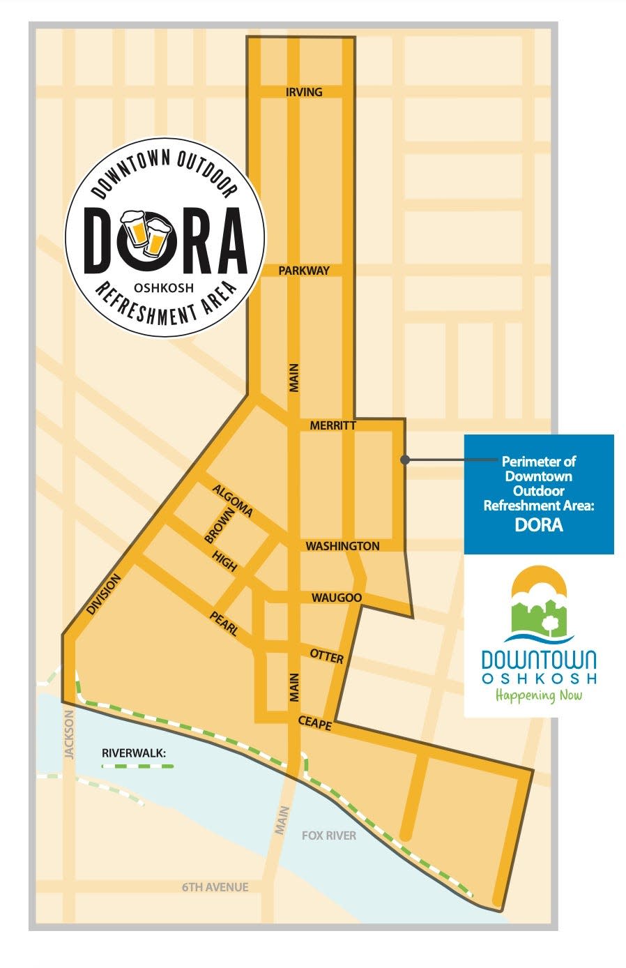 The Oshkosh Business Improvement District is proposing a Designated Outdoor Refreshment Area pilot program this summer that would allow patrons to carry alcoholic beverages in specified glasses in public areas in a designated downtown perimeter, shown here. The concept needs city approval before it would go into effect.