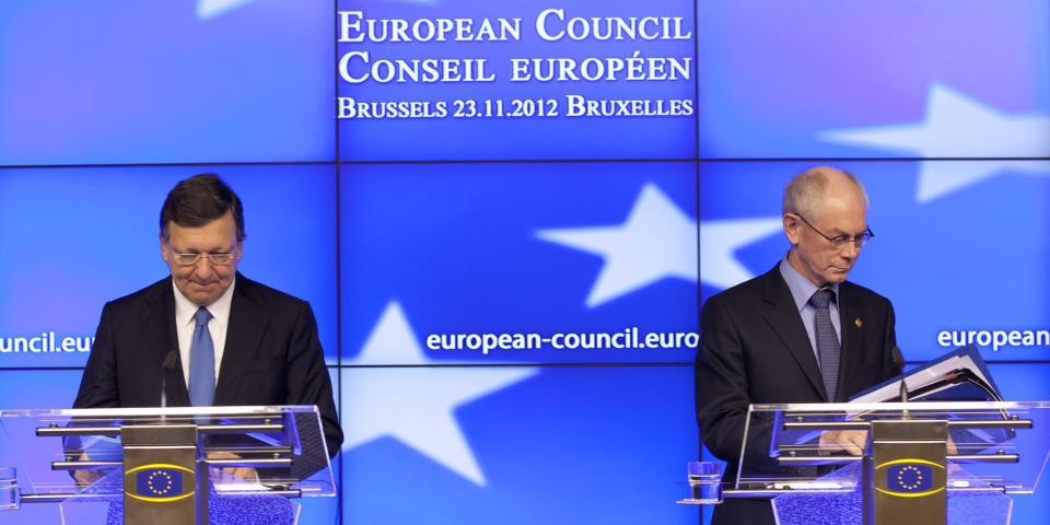 European Commission President Jose Manuel Barroso, left, and European Council President Herman Van Rompuy participtate in a media conference after an EU summit in Brussels on Friday, Nov. 23, 2012. The prospect of failure hangs over a European Union leaders’ summit intended to lay out the 27-country bloc’s long-term spending plans. While heavyweights like Britain and France are pulling in opposite directions, smaller members are threatening to veto a deal to make themselves heard. (AP Photo/Virginia Mayo)