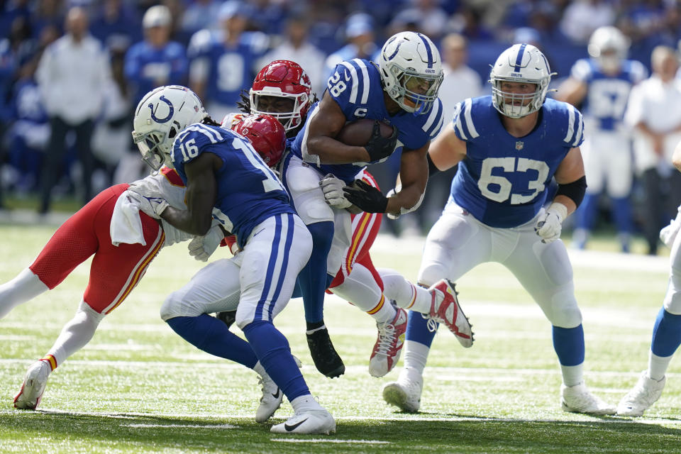 Indianapolis Colts running back Jonathan Taylor (28) runs during the second half of an NFL football game against the Kansas City Chiefs, Sunday, Sept. 25, 2022, in Indianapolis. (AP Photo/Michael Conroy)