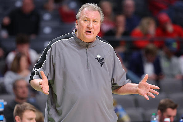 West Virginia men's basketball coach Bob Huggins reacts during a game against the Maryland Terrapins in the first round of the NCAA Men's Basketball Tournament at Legacy Arena at the BJCC on March 16, 2023, in Birmingham, Alabama. / Credit: Getty Images