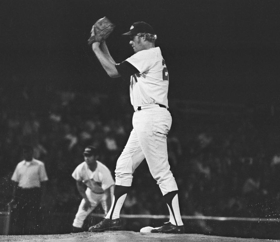 Red Wings pitcher Bill Burbach winds up with the pitch as the Wings face Syracuse on Sept. 1, 1971 at Frontier Field.  The Wings would win the game 7-5.