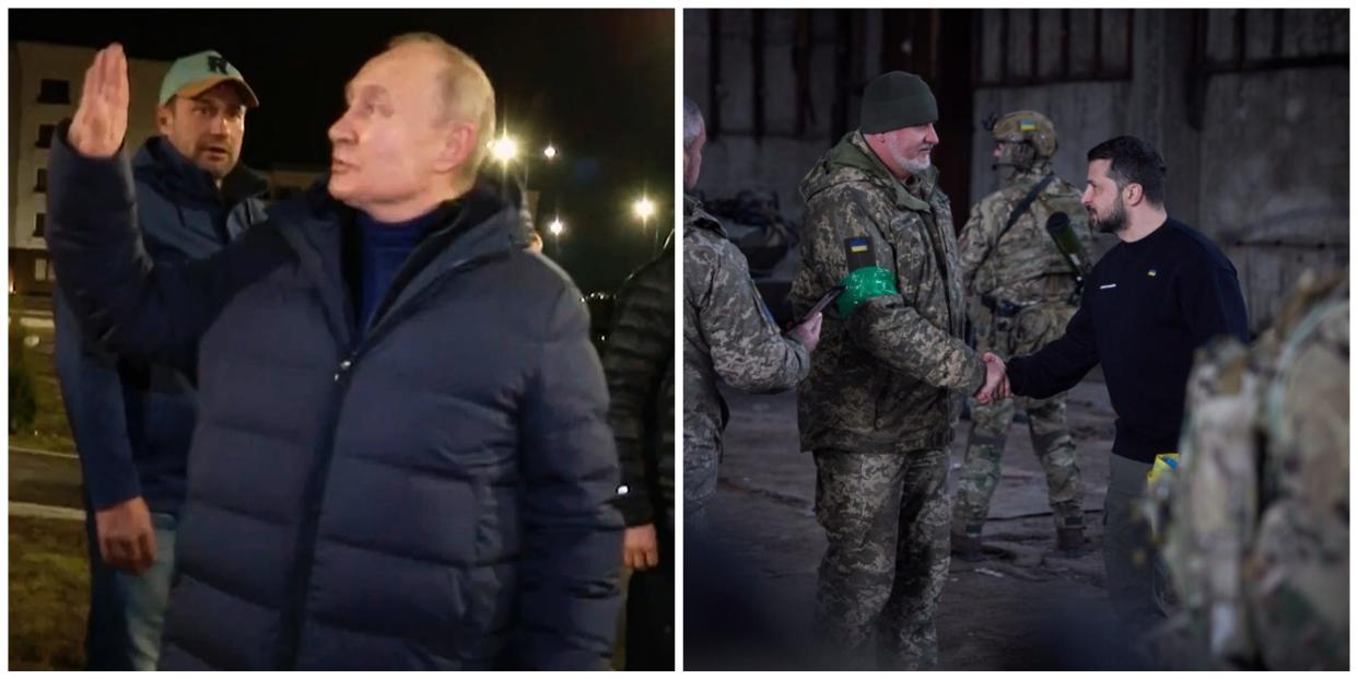 A split image showing Russian President Vladimir Putin (left) and Ukrainian President Volodymyr Zelenskyy (right) visiting different regions in Ukraine over the past week.