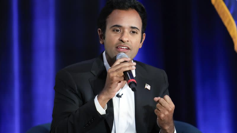 Republican presidential candidate Vivek Ramaswamy speaks at an event in St. Clair Shores, Mich., on Monday, Aug. 14, 2023.