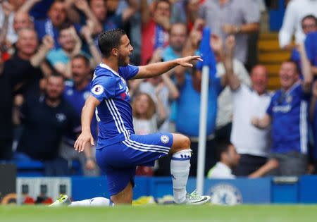 Football Soccer Britain - Chelsea v Burnley - Premier League - Stamford Bridge - 27/8/16 Chelsea's Eden Hazard celebrates scoring their first goal Reuters / Eddie Keogh