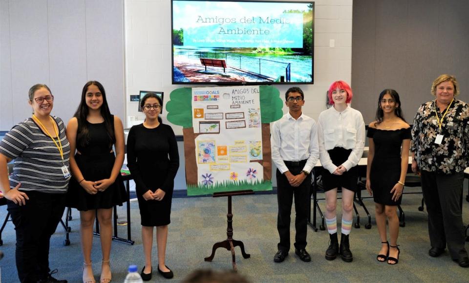 (Left to right) Registered Environmental Health Specialist Shahira Morell of the Middle-Brook Regional Health Commission, SCVTHS students Mahek Madan of Branchburg, Riya Mehta of Bridgewater, Moksh Patwari of Bridgewater, Lindy Bingel of Bridgewater, Rani Patel of Hillsborough, and Registered Environmental Health Specialist Patty Timko-Parker of the Department of Human Services pose for a photo after the Bridgewater presentation.