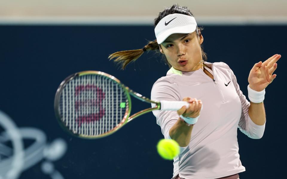 Emma Raducanu plays a forehand