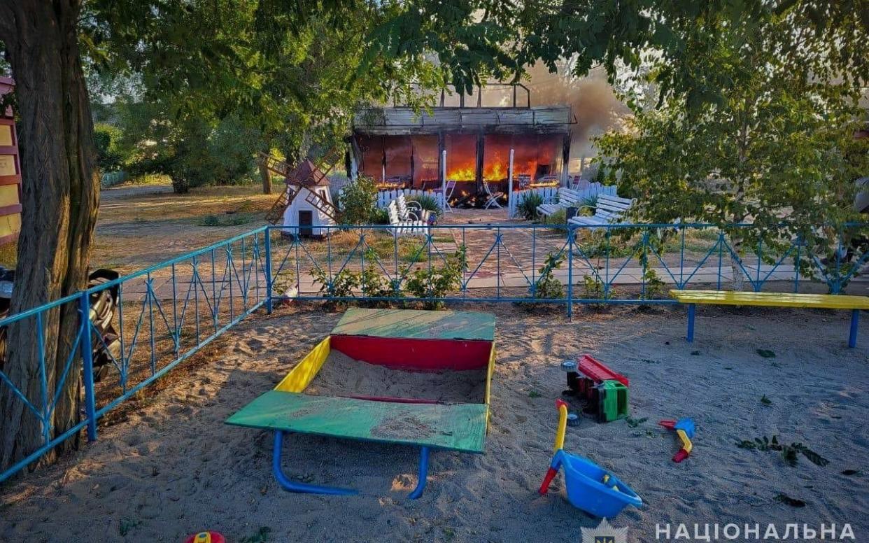 The aftermath of the Russian attack on a children's café in the settlement of Malokaterynivka