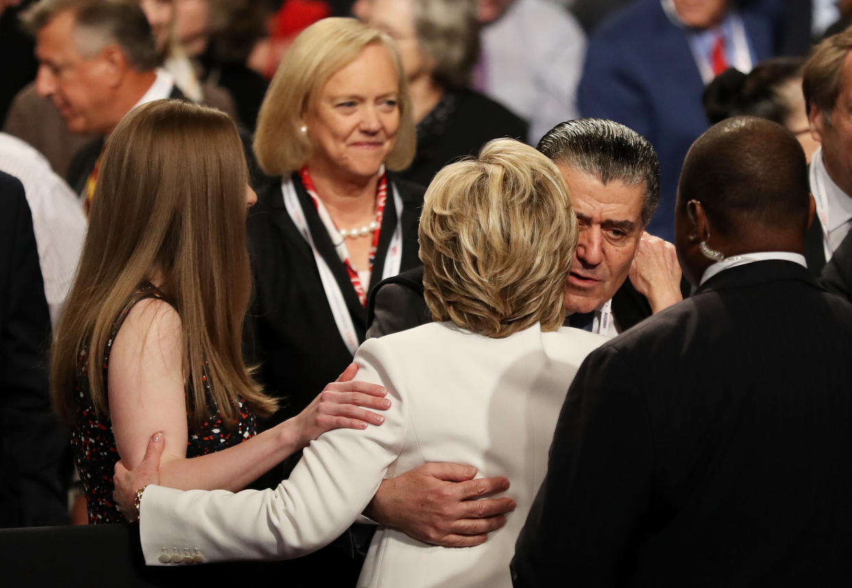 LAS VEGAS, NV - OCTOBER 19:  Businessman Haim Saban embraces Democratic presidential nominee former Secretary of State Hillary Clinton after the third U.S. presidential debate at the Thomas & Mack Center on October 19, 2016 in Las Vegas, Nevada. Tonight is the final debate ahead of Election Day on November 8.  (Photo by Joe Raedle/Getty Images)