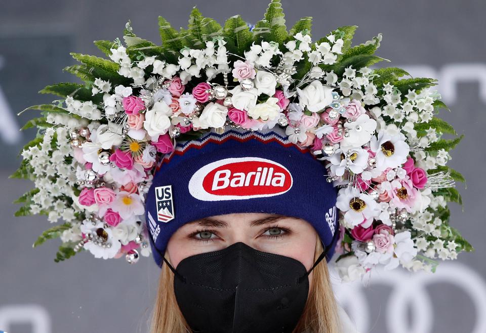 United States' Mikaela Shiffrin celebrates on the podium after winning an alpine ski, World Cup women's slalom in Jasna, Slovakia, Saturday, March 6, 2021.