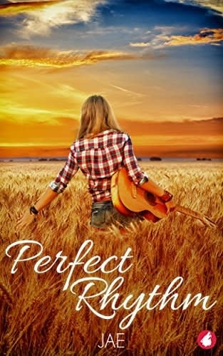 The book cover of Perfect Rhythm has a woman in chequered shirt with a guitar in a wheat field