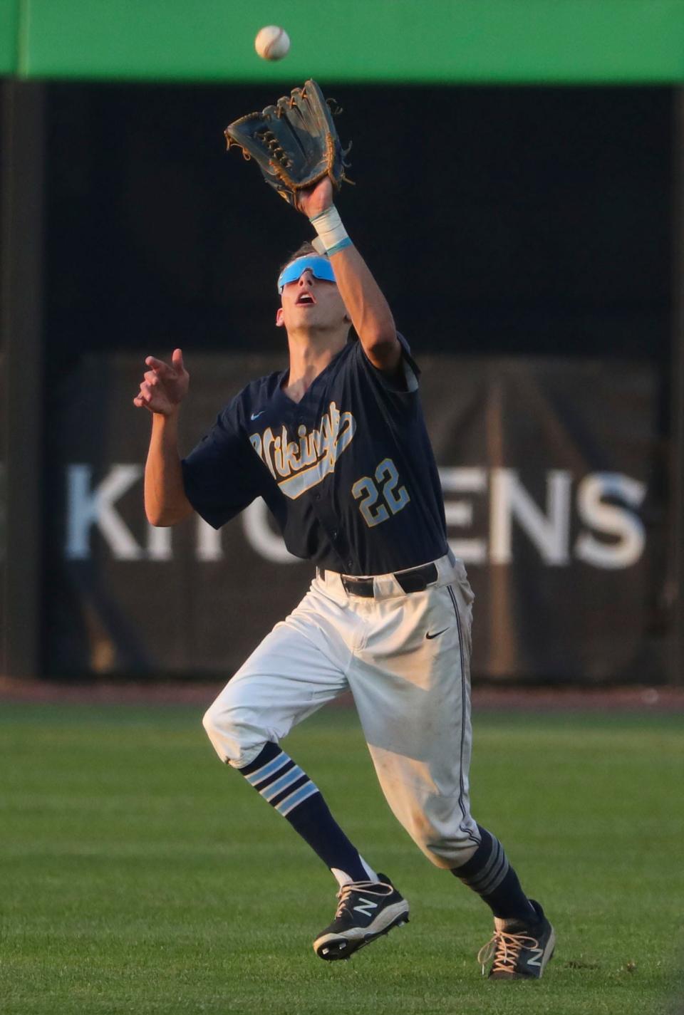 Cape Henlopen's Trey Hitchcock waits on a fly for an out in the fourth inning of Delaware Military's 10-4 win in a DIAA state tournament semifinal, Thursday, June 1, 2023 at Frawley Stadium.