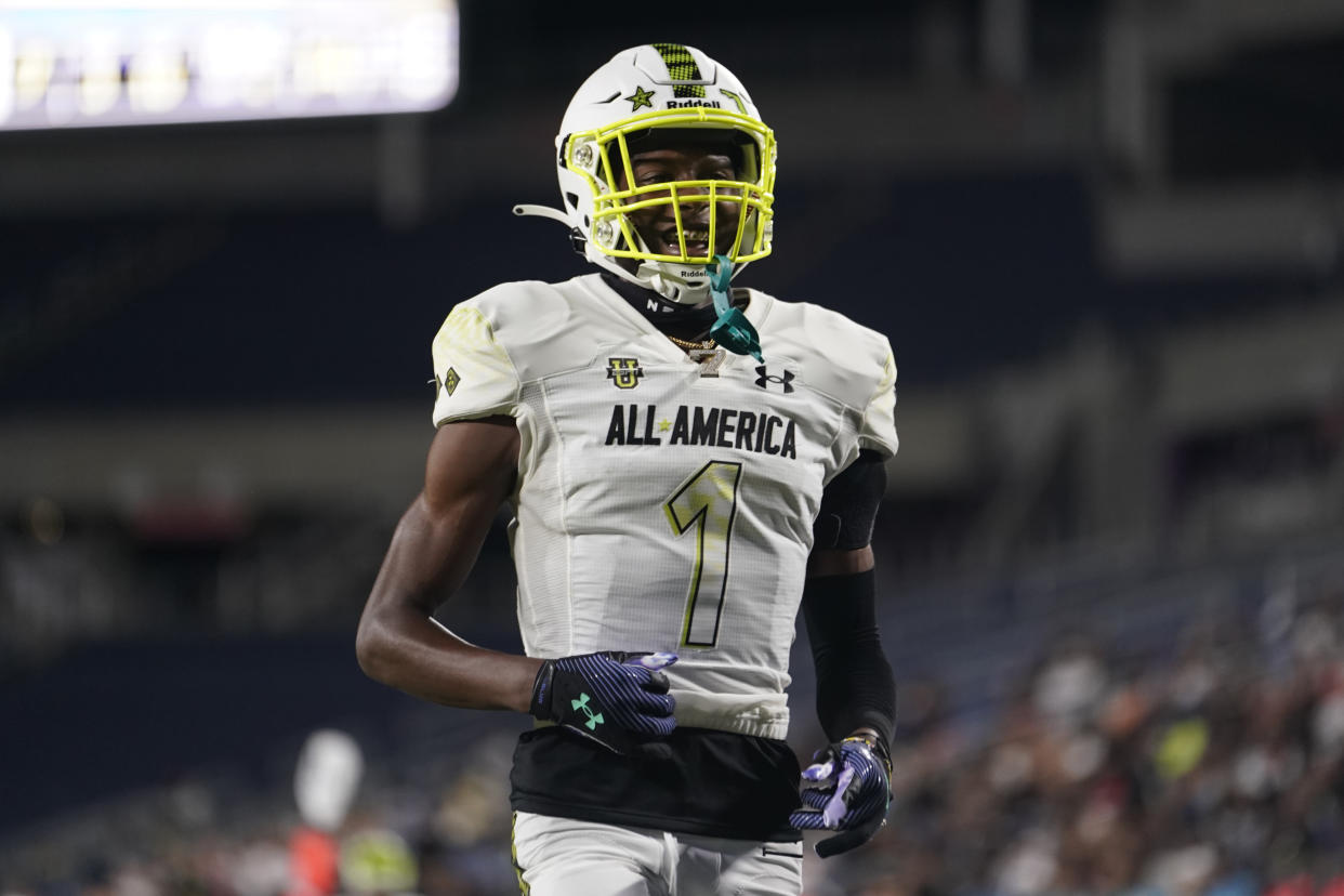 ORLANDO, FL - JANUARY 03: Team Speed corner back Cormani McClain (1)smiles after a play during the Under Armour Next All-America Football Game at Camping World Stadium in Orlando FL on January 3, 2022. (Photo by Chris Leduc/Icon Sportswire via Getty Images)