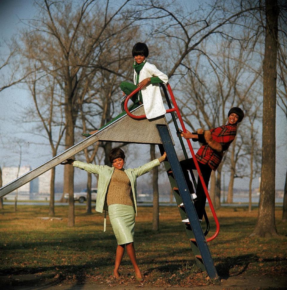 FILE - In this Aug. 19, 1966 file photo, members of the Motown singing group The Supremes are shown. Diana Ross, lead singer, is on top of the slide, Mary Wilson, hangs on the ladder, right and Florence Ballard, stands under the slide. Ross and the Supremes lived in Detroit’s Brewster projects. Mayor Dave Bing has called a news conference Thursday, Nov. 15, 2012, to announce plans for the long-vacant projects, which he said in March that he wanted to demolish by year’s end. (AP Photo, File)