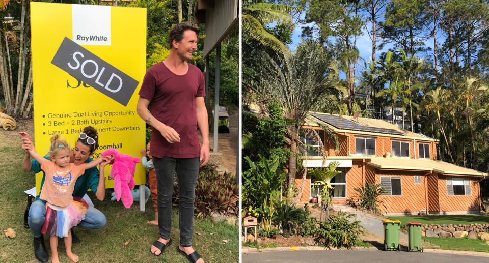 Shaun and Zara Sarson standing in front of sold sign at their newly purchased Gold Coast property. 