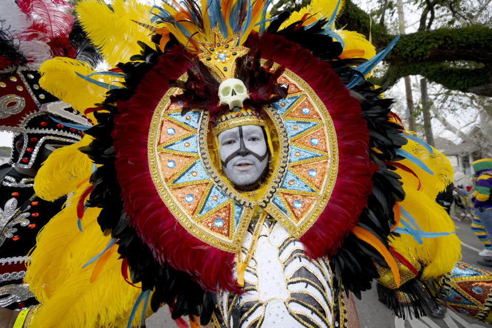 A member of the traditional Mardi Gras group The Tramps marches during the Krewe of Zulu Parade on Mardi Gras Day in New Orleans, Tuesday, Feb. 13, 2024. (AP Photo/Matthew Hinton)