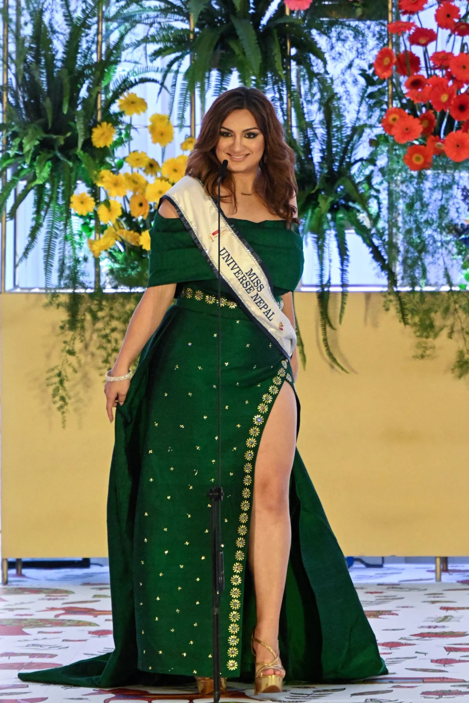 This photo taken on November 8, 2023 shows Jane Garrett, Miss Nepal 2023, posing for photos during a gala event at the headquarters of the Ministry of Foreign Affairs of El Salvador in San Salvador, host city of the 72th edition of the Miss Universe pageant, scheduled to take place on November 18, 2023. (Photo by Marvin RECINOS / AFP) (Photo by MARVIN RECINOS/AFP via Getty Images)