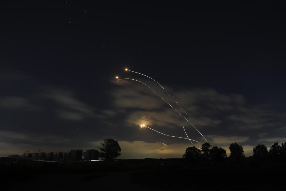 Israeli Iron Dome air defense system launches to intercept rockets fired from Gaza Strip, near Sderot, Israel, Thursday, May 13, 2021. (AP Photo/Ariel Schalit)