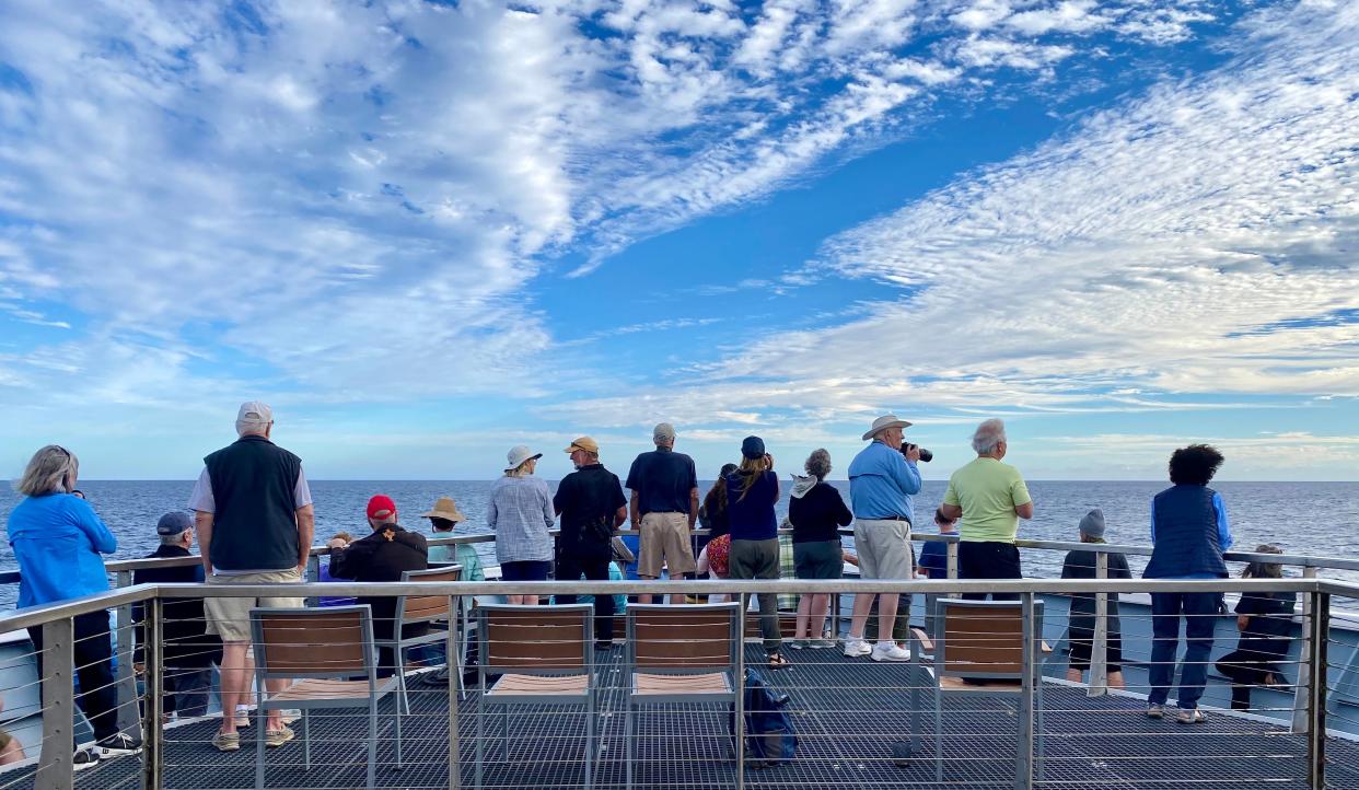 A group of people whale watching from the deck of a ship.