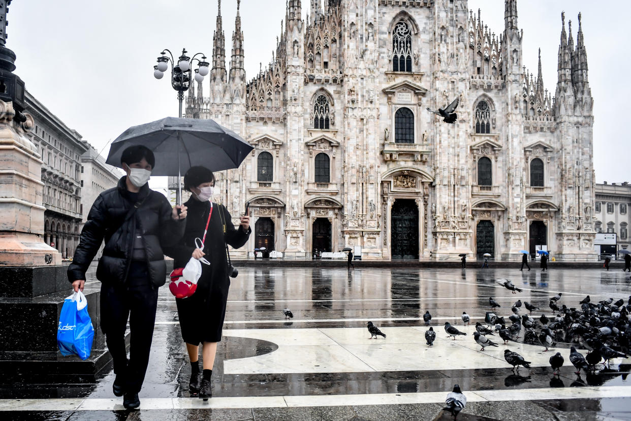 Tourist in Piazza Duomo during the coronavirus COVID-19 outbreak in Milan, Italy on Mar. 2, 2020. (Photo by Claudio Furlan - LaPresse/Sipa USA)