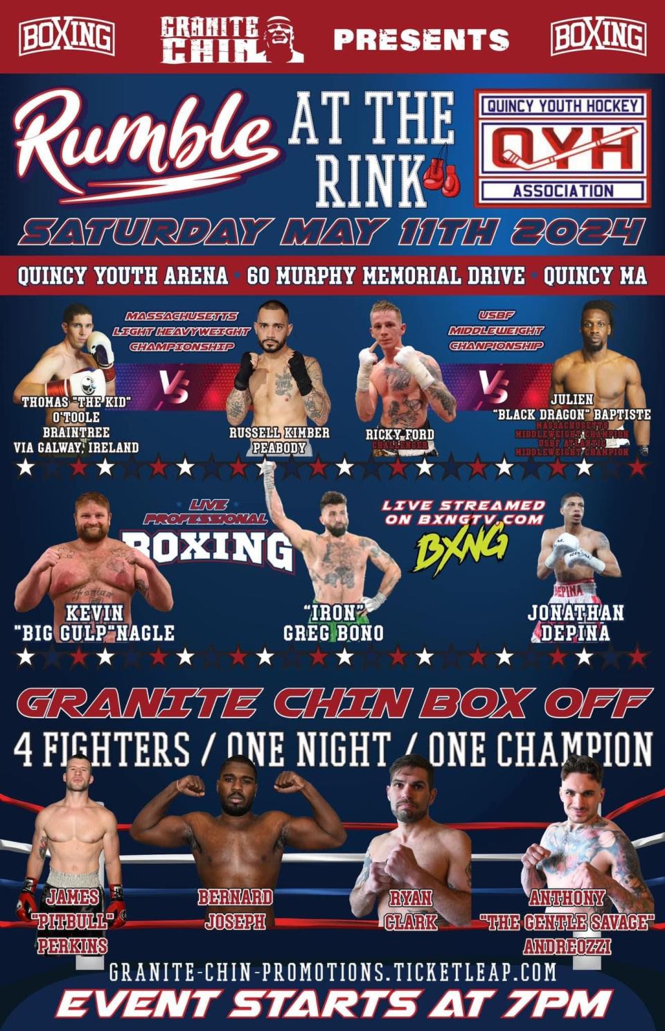 The “Rumble at the Rink” card for the “Granite Chin Box Off” tournament in Quincy on Saturday, May 11, 2024.