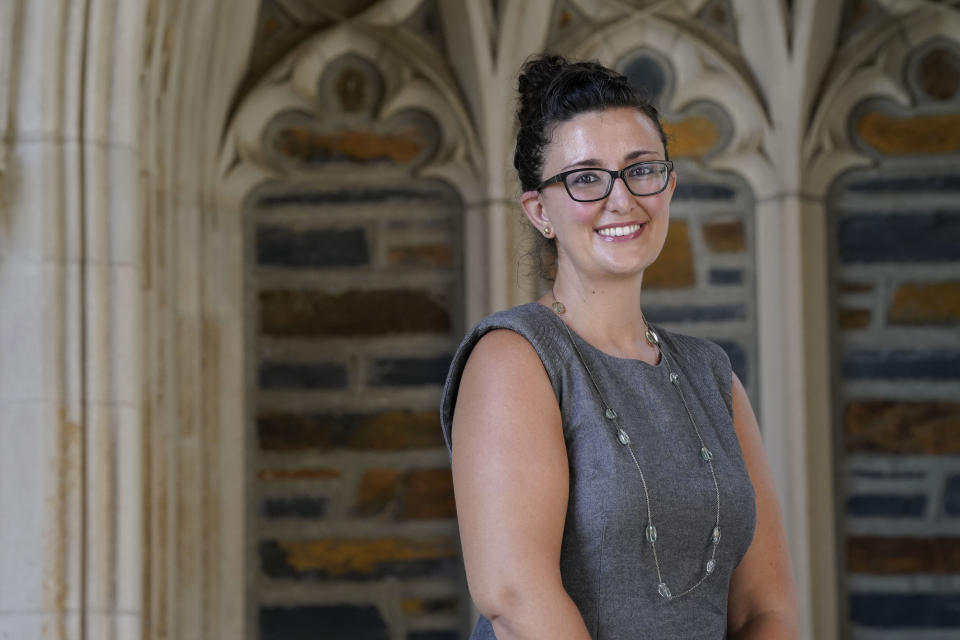 Sarah Gaither, a Duke University professor, is seen on campus in Durham, N.C., Wednesday, Aug. 19, 2020. Kamala Harris' historic nomination for U.S. Vice President on the Democratic ticket is challenging multicultural, race-obsessed America's emphasis on labels. It's hard to know how many multiracial people there are in America because they are largely undercounted, Gaither said. (AP Photo/Gerry Broome)