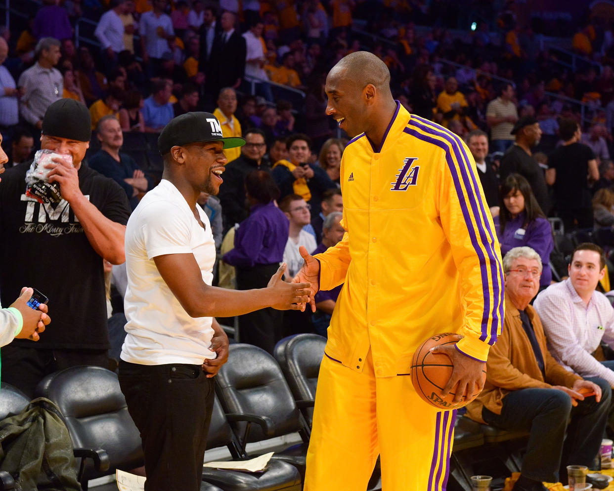 Kobe Bryant is one of the most unstoppable players in NBA history, but that didn’t stop Floyd Mayweather Jr. from challenging him to a game of one-on-one for $1 million. (Photo by Noel Vasquez/Getty Images)