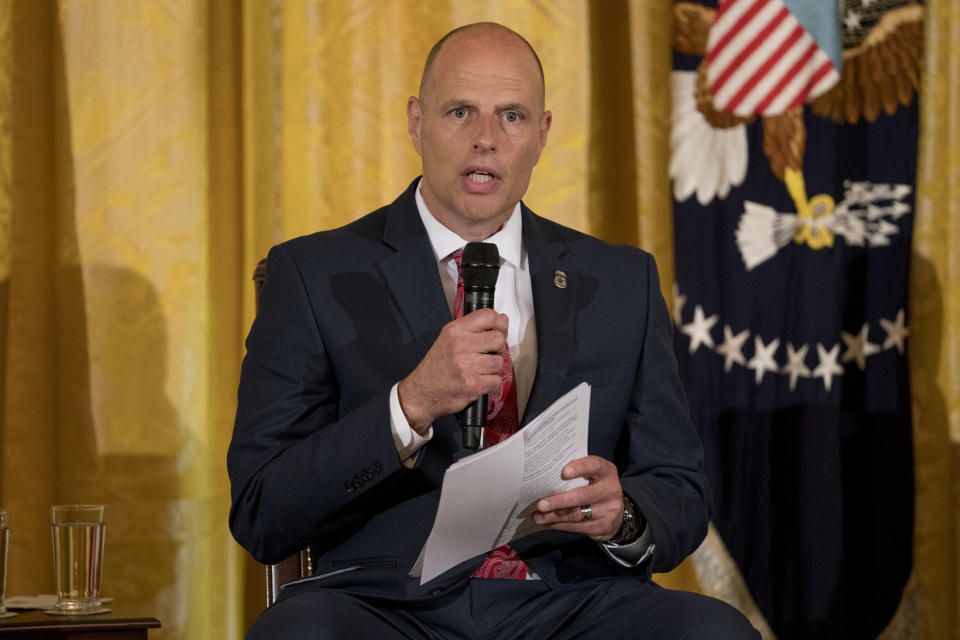 FILE - In this Aug. 20, 2018, file photo, Acting U.S. Immigration and Customs Enforcement Director Ronald Vitiello speaks during an event in Washington. Nearly 70 former judges, including federal judges and state supreme court justices, sent a letter to Vitiello calling for U.S. immigration officials to stop making arrests at courthouses of people suspected of being in the country illegally, saying immigrants should be free to visit halls of justice without fearing they will be detained. (AP Photo/Andrew Harnik, File)