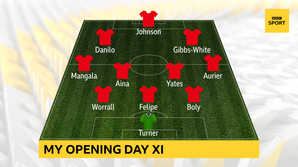 Nottingham Forest opening day XI: Turner; Worrall, Felipe, Boly; Aurier, Mangala, Yates, Aina; Gibbs-White, Danilo; Johnson.